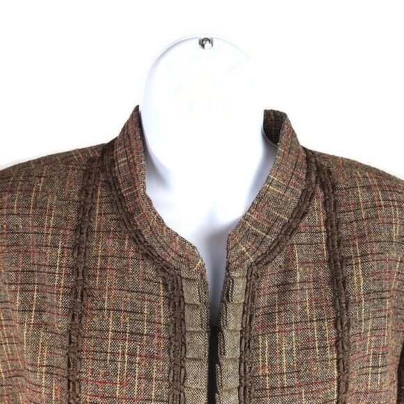 Coldwater Creek Brown Plaid Tweed Hook Front Long Sleeve Peplum Jacket PXL - Picture 2 of 16